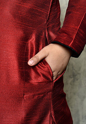 Contrast Trim Dupion Silk Dhoti Kurta in Maroon