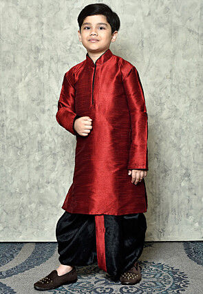 Contrast Trim Dupion Silk Dhoti Kurta in Maroon