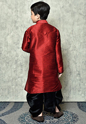 Contrast Trim Dupion Silk Dhoti Kurta in Maroon