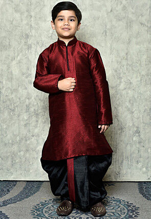 Contrast Trim Dupion Silk Dhoti Kurta in Maroon
