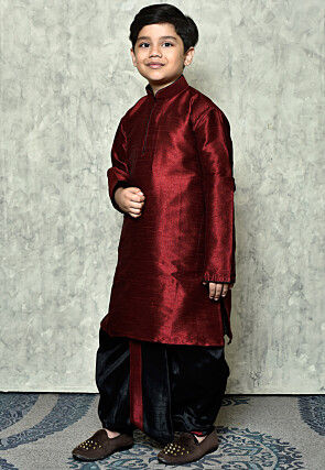 Contrast Trim Dupion Silk Dhoti Kurta in Maroon