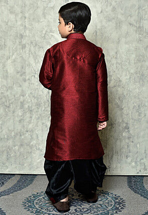 Contrast Trim Dupion Silk Dhoti Kurta in Maroon