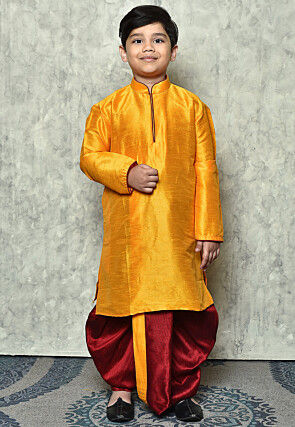 Contrast Trim Dupion Silk Dhoti Kurta in Mustard