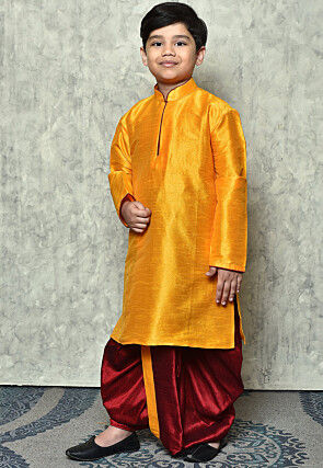 Contrast Trim Dupion Silk Dhoti Kurta in Mustard