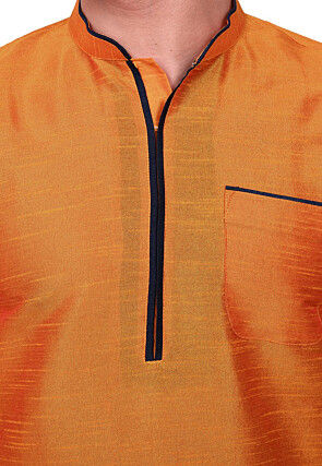 Contrast Trim Dupion Silk Dhoti Kurta in Orange