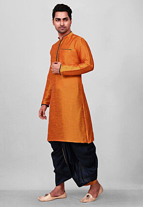 Contrast Trim Dupion Silk Dhoti Kurta in Orange