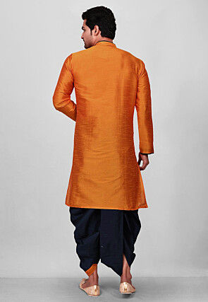 Contrast Trim Dupion Silk Dhoti Kurta in Orange