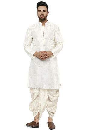 Contrast Trim Dupion Silk Dhoti Kurta in Off White