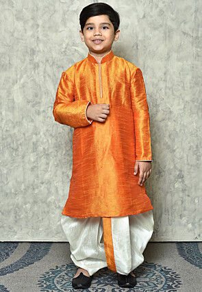 Contrast Trim Dupion Silk Dhoti Kurta in Orange