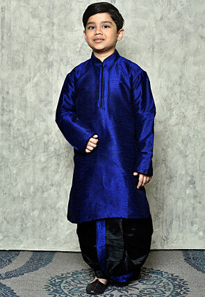 Contrast Trim Dupion Silk Dhoti Kurta in Royal Blue