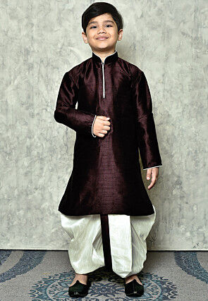 Contrast Trim Dupion Silk Dhoti Kurta in Wine
