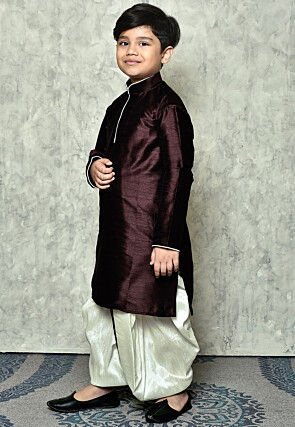 Contrast Trim Dupion Silk Dhoti Kurta in Wine
