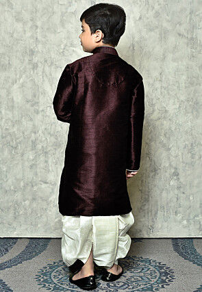 Contrast Trim Dupion Silk Dhoti Kurta in Wine