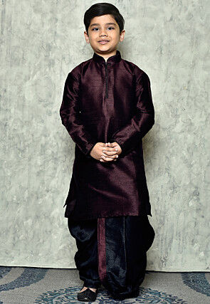 Contrast Trim Dupion Silk Dhoti Kurta in Wine