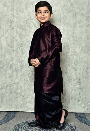 Contrast Trim Dupion Silk Dhoti Kurta in Wine