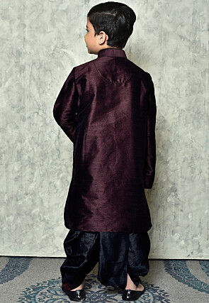 Contrast Trim Dupion Silk Dhoti Kurta in Wine