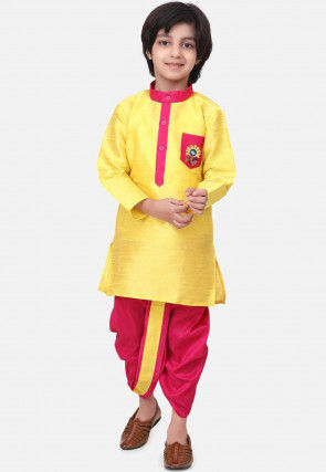 Contrast Trim Dupion Silk Dhoti Kurta in Yellow