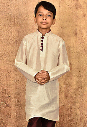 Contrast Trim Dupion Silk Kurta in Light Beige