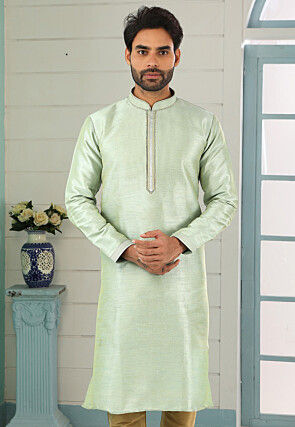 Contrast Trim Dupion Silk Kurta in Pastel Green
