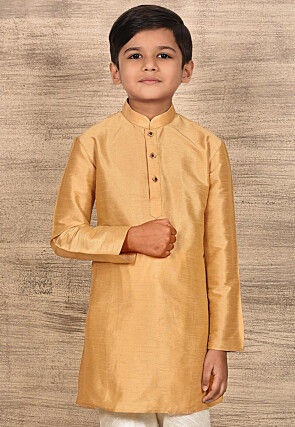 Contrast Trim Dupion Silk Kurta in Peach
