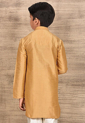 Contrast Trim Dupion Silk Kurta in Peach