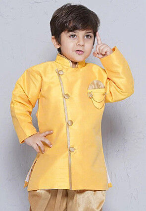Contrast Trim Dupion Silk Kurta in Yellow
