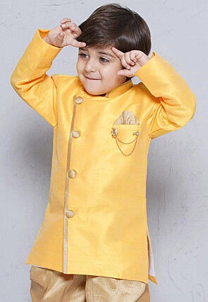 Contrast Trim Dupion Silk Kurta in Yellow