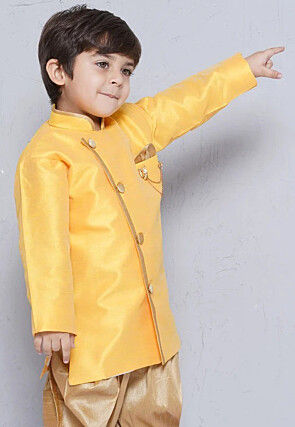 Contrast Trim Dupion Silk Kurta in Yellow