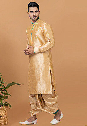 Contrast Trim Dupion Silk Kurta Set in Beige