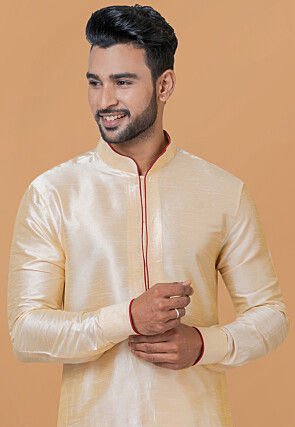 Contrast Trim Dupion Silk Kurta Set in Light Beige