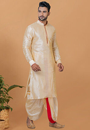 Contrast Trim Dupion Silk Kurta Set in Light Beige