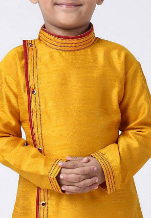 Contrast Trim Dupion Silk Kurta Set in Mustard
