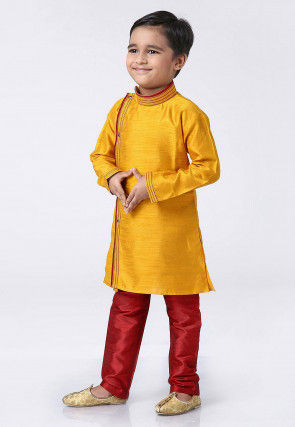 Contrast Trim Dupion Silk Kurta Set in Mustard