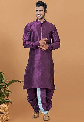 Contrast Trim Dupion Silk Kurta Set in Violet
