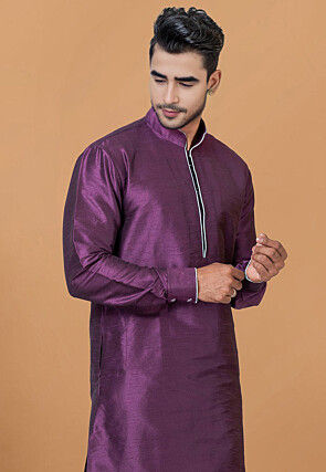 Contrast Trim Dupion Silk Kurta Set in Violet
