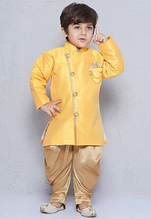 Contrast Trim Dupion Silk Kurta Set in Yellow