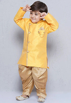 Contrast Trim Dupion Silk Kurta Set in Yellow