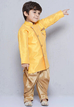 Contrast Trim Dupion Silk Kurta Set in Yellow