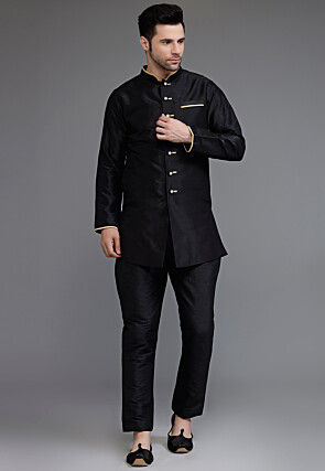 Contrast Trim Dupion Silk Kurta Set in Black