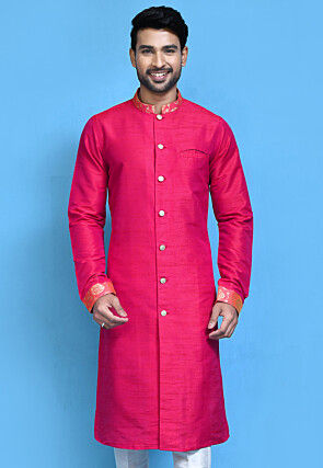 Contrast Trim Dupion Silk Sherwani in Fuchsia