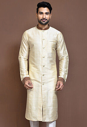 Contrast Trim Dupion Silk Sherwani in Light Beige
