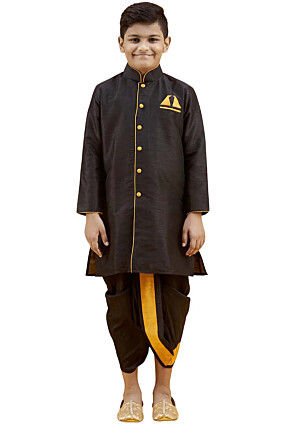 Contrast Trim Dupion Silk Sherwani Set in Black