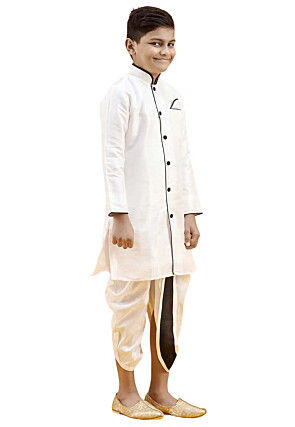 Contrast Trim Dupion Silk Sherwani Set in White