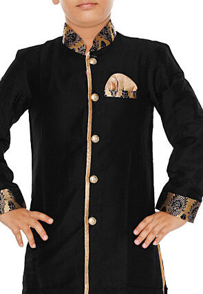 Contrast Trim Dupion Silk Straight Front Open Sherwani in Black