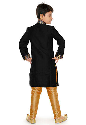 Contrast Trim Dupion Silk Straight Front Open Sherwani in Black