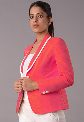 Contrast Trim Art Silk Jacket in Pink
