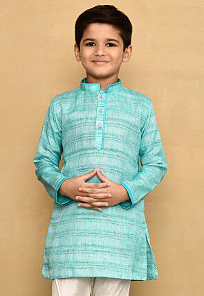 Contrast Trim Jute Cotton Kurta in Blue