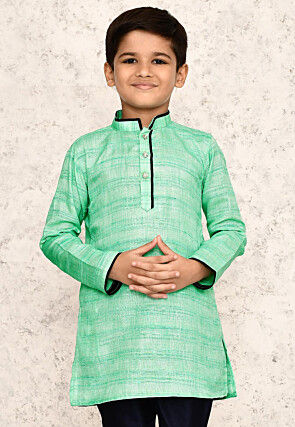 Contrast Trim Jute Cotton Kurta in Green