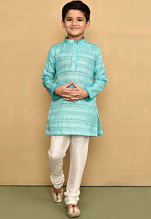 Contrast Trim Jute Cotton Kurta Set in Blue