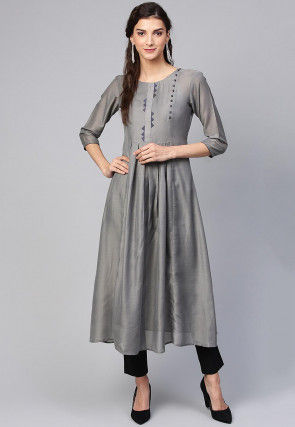 Contrast Trim Muslin Silk A Line Kurta in Grey
